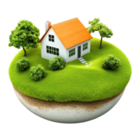Isolated house on a grassy island surrounded by trees under a clear sky png