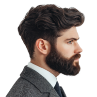 Stylish portrait of a man with well groomed beard and wavy hair in formal attire png