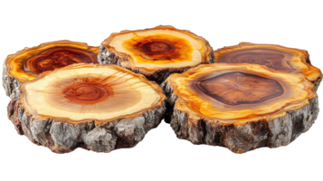 Natural wooden slices arranged on a white background showcasing intricate patterns and textures of the wood png