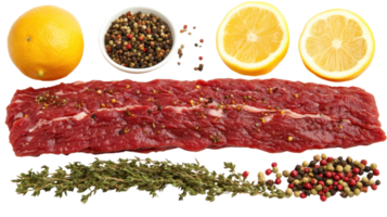 Fresh meat preparation with spices, herbs, and citrus fruits for flavor enhancement png