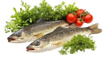 Fresh fish with vibrant herbs and ripe tomatoes arranged for a healthy meal preparation png