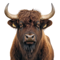 Close up view of a bison with distinctive features isolated on a white background png