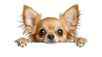Cute chihuahua puppy peeking over a white surface with large expressive eyes png