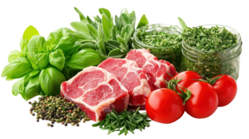 Fresh herbs, tomatoes, and meat displayed on an isolated surface for cooking preparations png