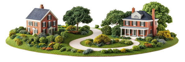 Beautifully designed model of two houses set in a lush garden landscape with winding pathway png