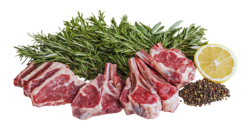 Freshly cut lamb chops with herbs and spices ready for cooking and gourmet preparation png