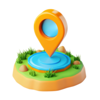 Isolated 3D location pin on a colorful terrain with grass and stones, perfect for map design png
