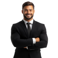Confident man in a suit smiling with arms crossed against a white background png