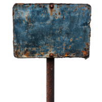 Old weathered blue sign on rusty pole with a worn surface and no visible text png