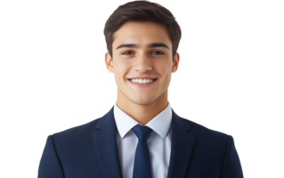 Young man in dark suit smiling confidently with a white background showcasing professionalism and charm png
