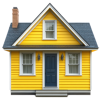 Charming yellow house with blue door and windows on a clear day in a serene neighborhood setting png