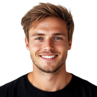 Smiling young man with short hair and strong jawline looking directly at the camera in a casual black shirt png
