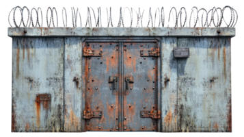 Rusty metal door with barbed wire fence at an isolated location during daylight hours png