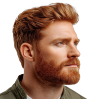 Profile view of a man with red hair and beard showcasing a confident expression against a white background png