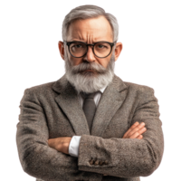 Elderly man with gray beard and glasses wearing a tweed suit poses confidently with arms crossed png
