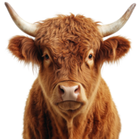 Highland cow with fluffy fur and prominent horns isolated on white background png