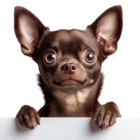 Charming brown chihuahua with large eyes eagerly peeking over a white surface, showcasing its playful personality png