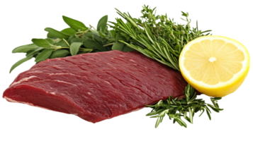 Fresh beef steak with herbs and lemon ready for cooking and marinating in a kitchen png