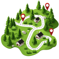 Illustration of a winding road with houses and trees in a green landscape with location markers png