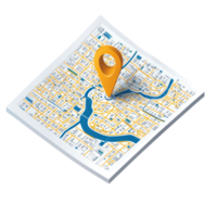 Detailed isolated map with location pin highlighting an urban area near a winding river png