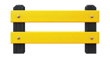 Brightly colored yellow wooden signboard with black posts on isolated white background png