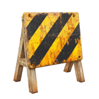 Weathered caution sign with yellow and black stripes on wooden frame in a construction area png