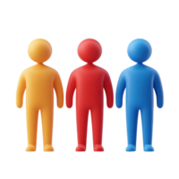 Colorful plastic figurines in yellow, red, and blue standing together on a white background png