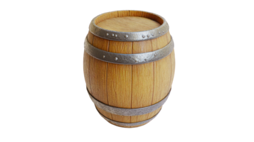 Wooden barrel with metal bands, rustic design, perfect for decoration or storage in various settings png