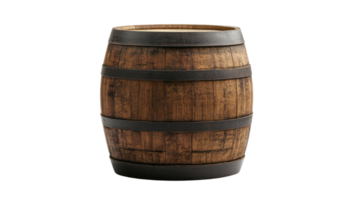 Rustic wooden barrel with metal bands suitable for decoration or storage in any setting png