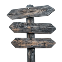 Weathered wooden signpost with multiple arrows indicating different directions in a scenic landscape png