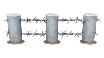 Barbed wire fence posts isolated on a white background showcasing security and protection features png