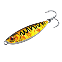 Brightly colored fishing lure with treble hooks suitable for attracting various fish species png