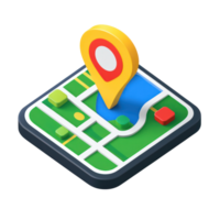 Isolated 3D map design featuring a location pin on a green park landscape with paths and buildings visible png