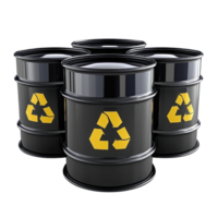 Preto reciclável barris arranjado juntos exibindo uma comprometimento para de Meio Ambiente sustentabilidade e desperdício gestão png