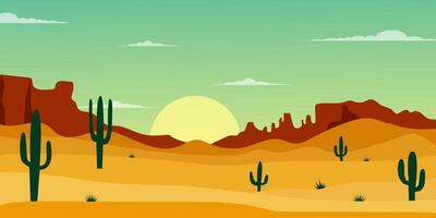 Breathtaking sunset over a desert landscape with cacti and distant mountains in a serene atmosphere vector