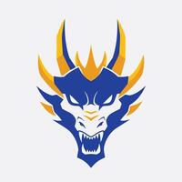 Stylized Dragon Head Logo With Sharp Horns And Open Mouth Blue And Gold vector