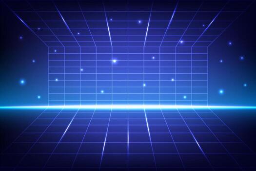 Futuristic Wireframe Grid Background with Glowing Light Dark Blue Gradient vector