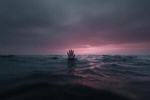 Hand Reaches up from Ocean during Sunset photo