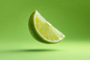 Floating wedge of green lime on green backdrop photo