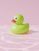 Minimalist lime green rubber duck on pink background for modern decor and design photo