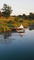 The bride and groom are standing by the lake on the bridge and a swan is swimming near them at sunset. Swan couple newlyweds. Reflection of a young couple in video