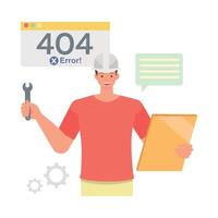 404 error illustration with technician and tools vector