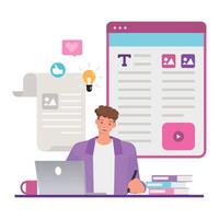 Web blog illustration concept. Office man working on laptop to create website. Business people character design. vector