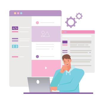 Web coding illustration concept. Office man working on laptop to create website. Business people character design. vector