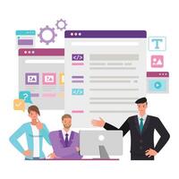 Web development illustration concept. Office man and woman working on computer to create website. Business people character design. vector