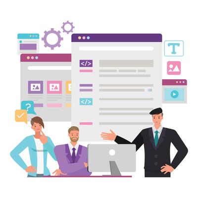 Web development illustration concept. Office man and woman working on computer to create website. Business people character design.