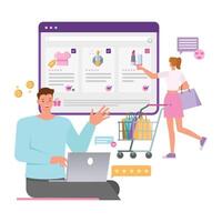 Web E Commerce illustration concept. Office man working on laptop to create website. Business people character design. vector
