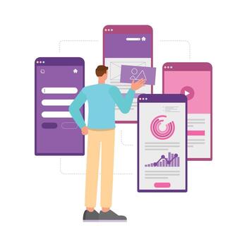 user interface illustration concept. Office man working to create website. Business people character design. vector