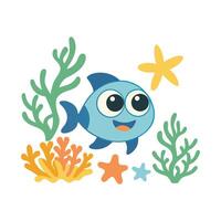 Cheerful blue fish with seaweed and starfish coral vector