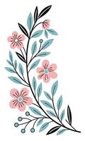 Stylized floral branch with pink flowers teal leaves vector